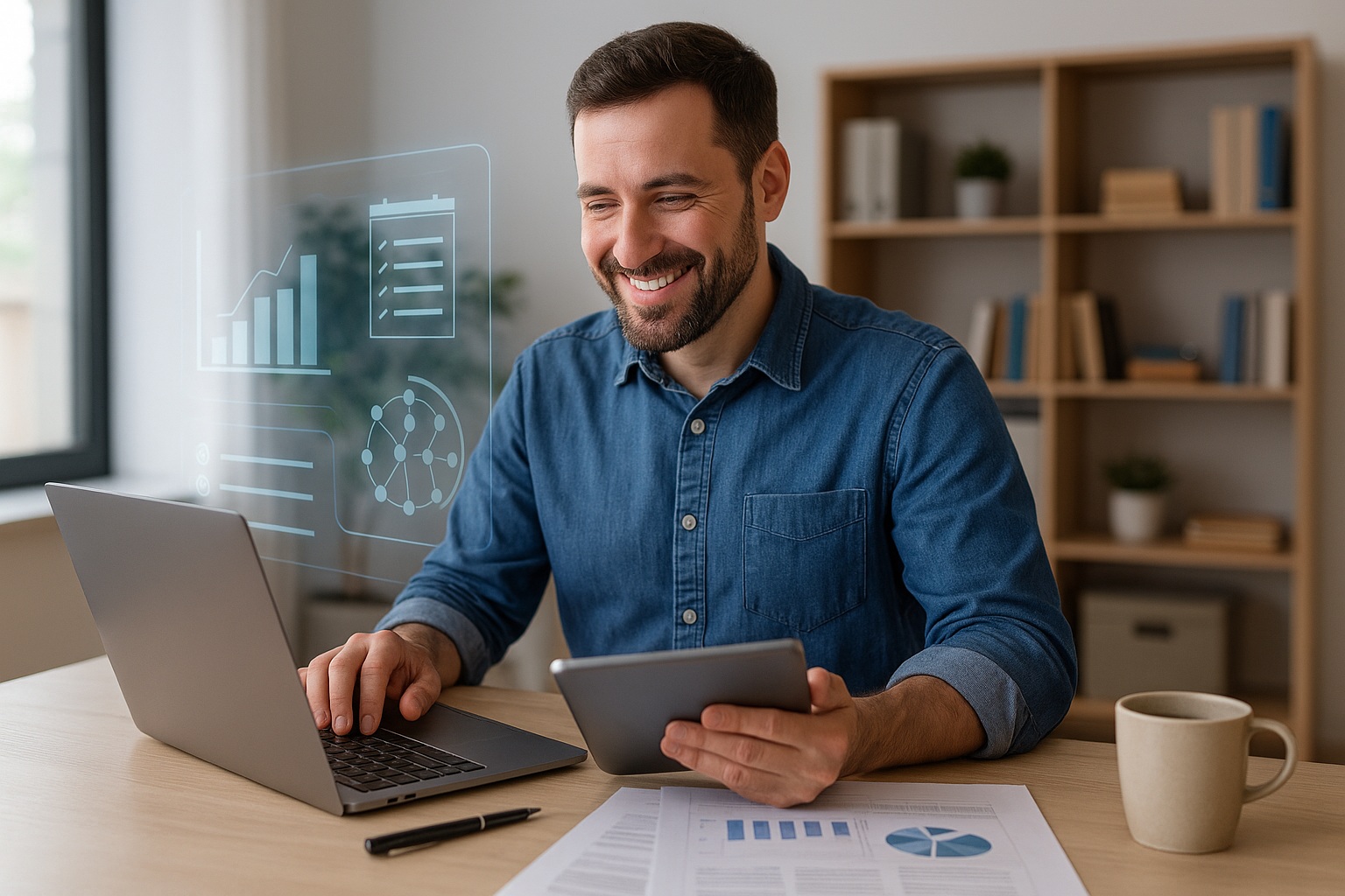 Small business owner using AI tools on tablet and laptop in modern workspace, streamlining tasks and managing growth
